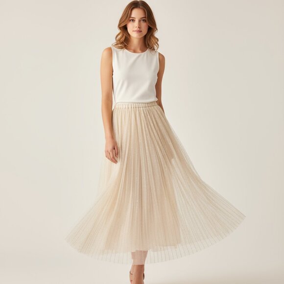 H&M Dresses & Skirts - NWT H&M Tulle Cream & Gold Pleated Maxi Skirt Elastic Shimmer Waist Size Medium